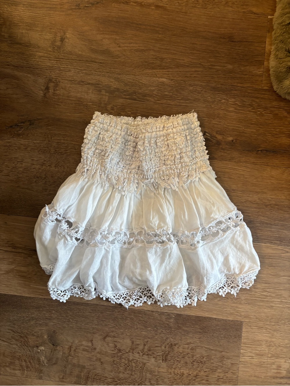 Skylar + Madison White Smocked Lace-Tiered Mini Skirt Charo de Ruiz Dupe